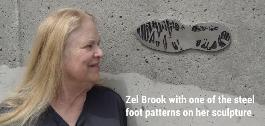 Zel Brook and one of her 24 steel running shoe imprints.